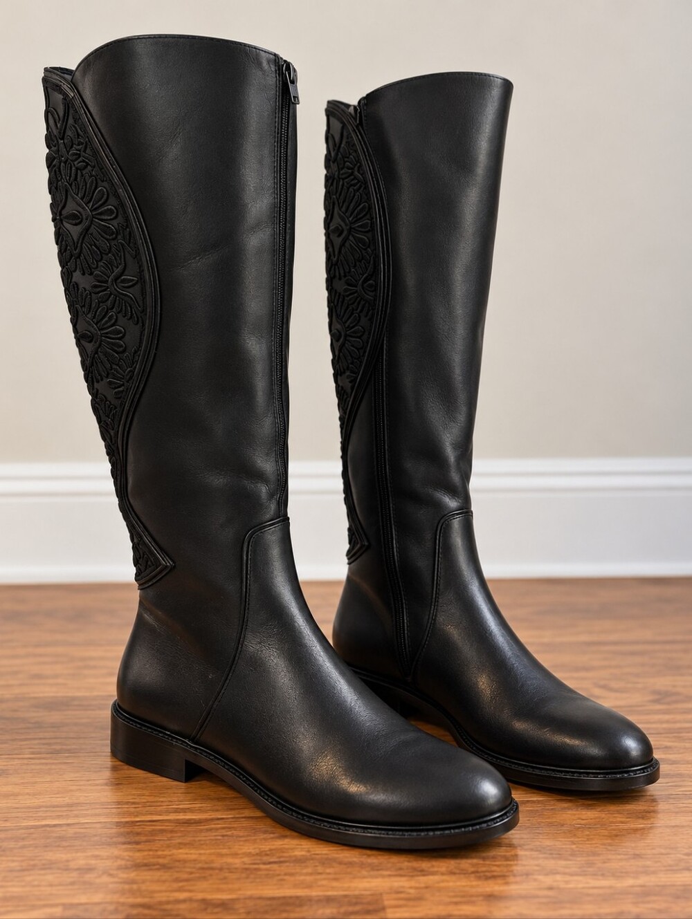 GIANNI BINI | Black Tall Boots 11M Floral Detail NWOT